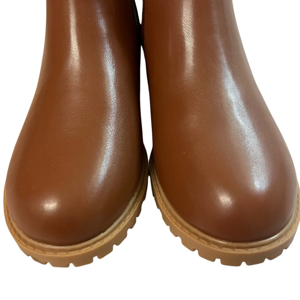 Brown Side Zip Lug Sole Ankle Boots Girls Size 4Y Faux Leather Chelsea Style